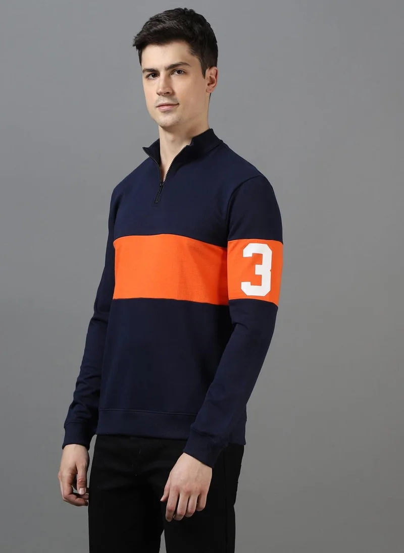 Urbano Fashion Men's Dark Blue Cotton Color Block Round Neck Sweatshirt