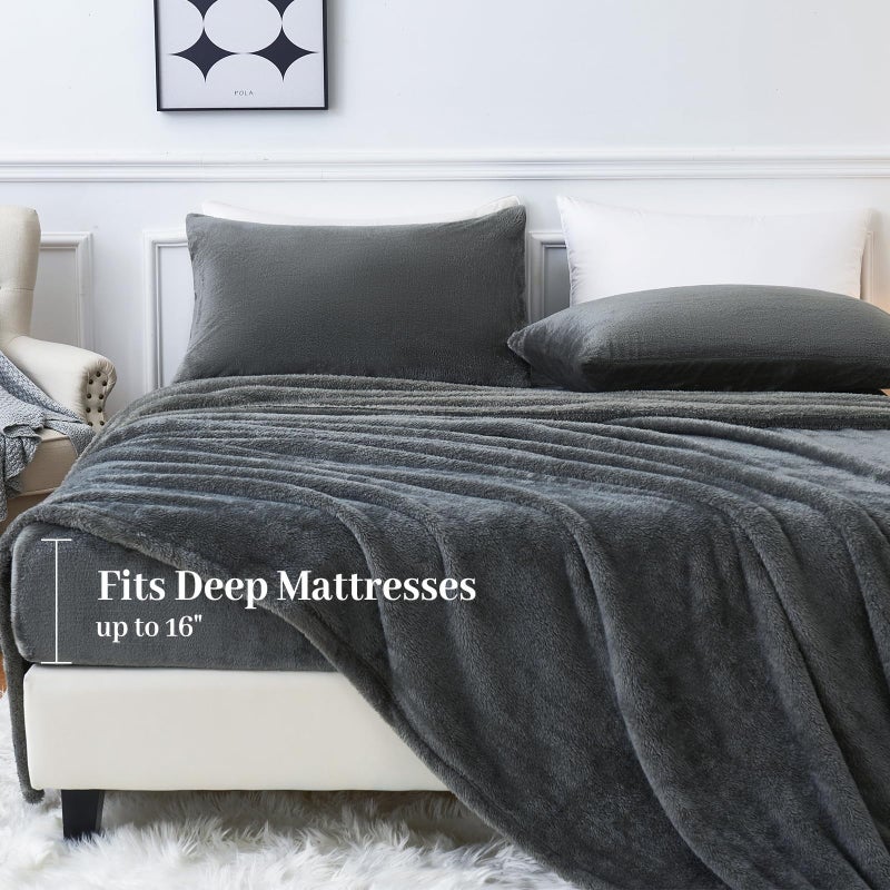 YIYEA Faux Fur Sheets Queen Size  Luxury Ultra Soft Fuzzy Fleece Bed Sheets Set  Fluffy Shaggy Sheets Plush Bedding for Fall and Winter  Cozy Warmth  No Shedding  4PC  Grey - Image 3