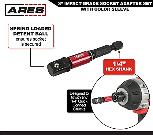 ARES 22011-3-Piece 3-Inch Impact Grade Socket Adapter Set with Color Sleeve - Turns Power Drill into High Speed Nut Driver - 1/4-Inch, 3/8-Inch, and 1/2-Inch Drive - Image 3