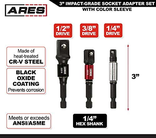 ARES 22011-3-Piece 3-Inch Impact Grade Socket Adapter Set with Color Sleeve - Turns Power Drill into High Speed Nut Driver - 1/4-Inch, 3/8-Inch, and 1/2-Inch Drive - Image 2