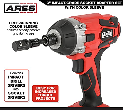 ARES 22011-3-Piece 3-Inch Impact Grade Socket Adapter Set with Color Sleeve - Turns Power Drill into High Speed Nut Driver - 1/4-Inch, 3/8-Inch, and 1/2-Inch Drive - Image 4