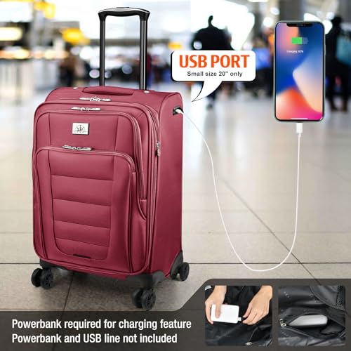 Verdi Luggage 2 Piece Set Suitcase Spinner Wheels Softshell Expandable, Carry On Luggage with USB Port (Burgundy, 2-Piece set(20/24)) - Image 3