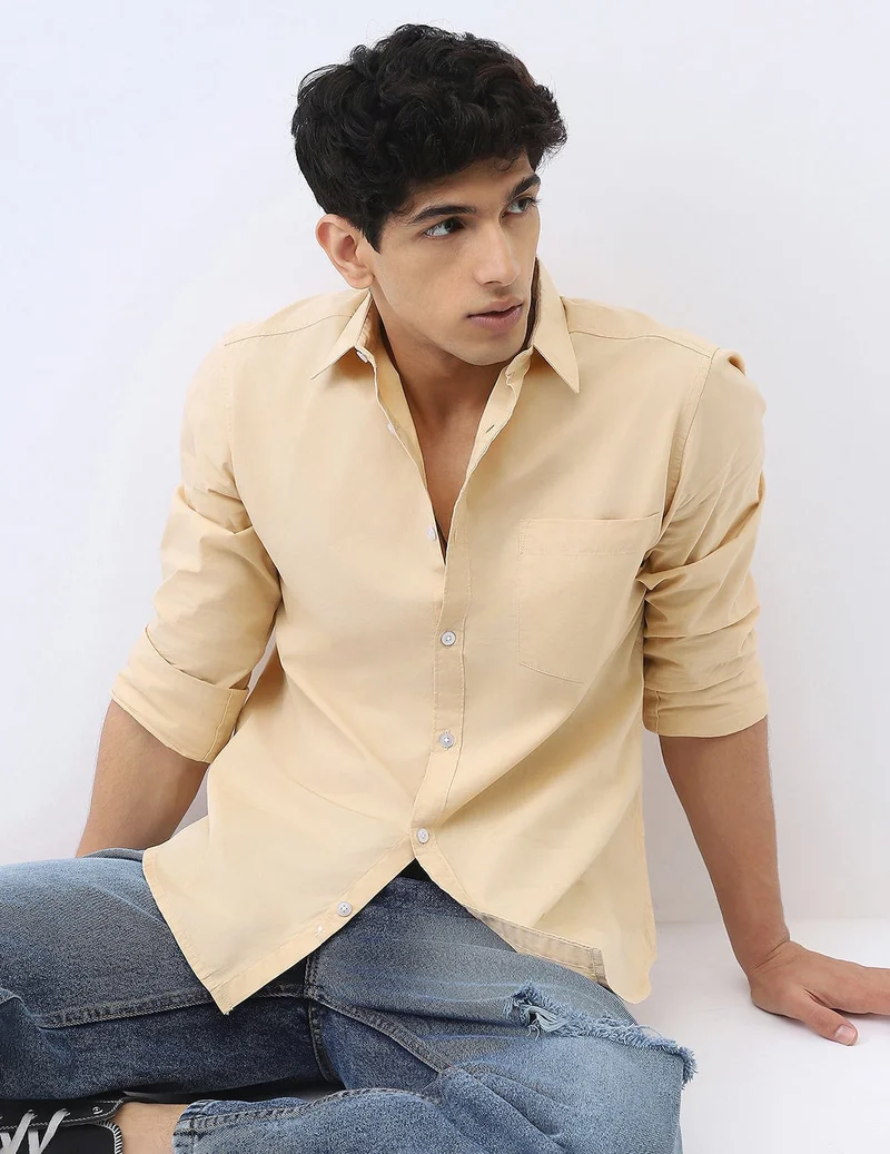 Urbano Fashion  Urbano Fashion Men's Beige Cotton Full Sleeve Regular Fit Casual Solid Shirt  | Best Price UAE