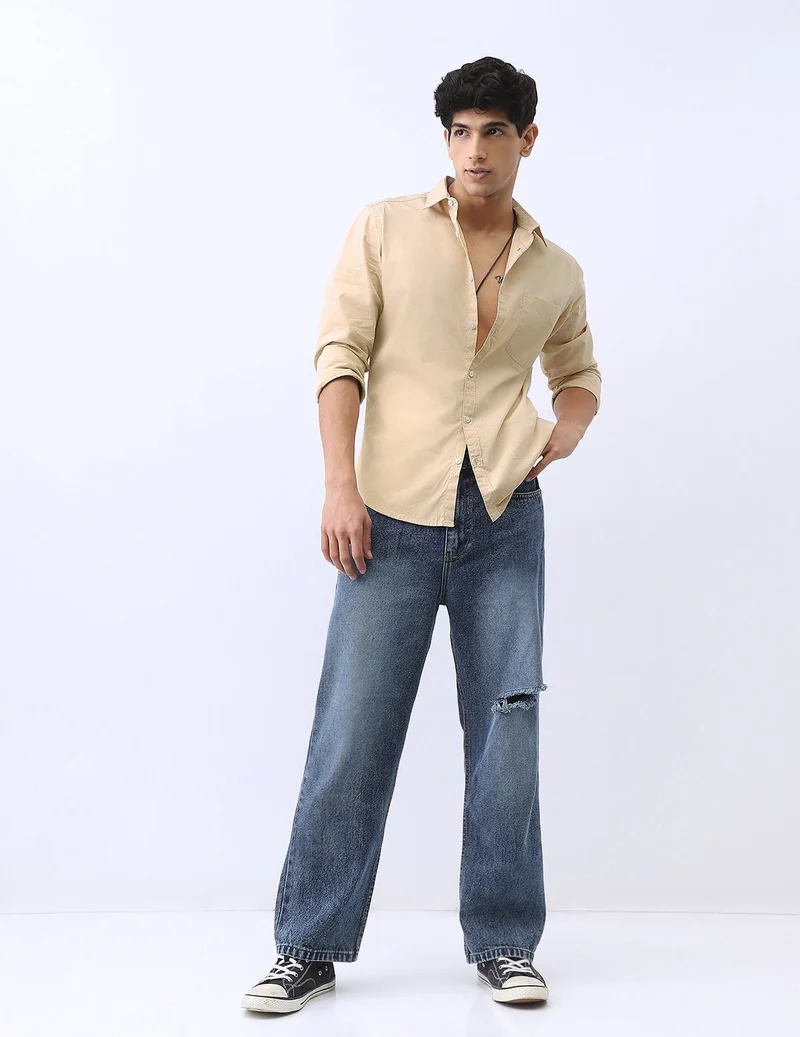 Urbano Fashion  Urbano Fashion Men's Beige Cotton Full Sleeve Regular Fit Casual Solid Shirt  | Best Price UAE