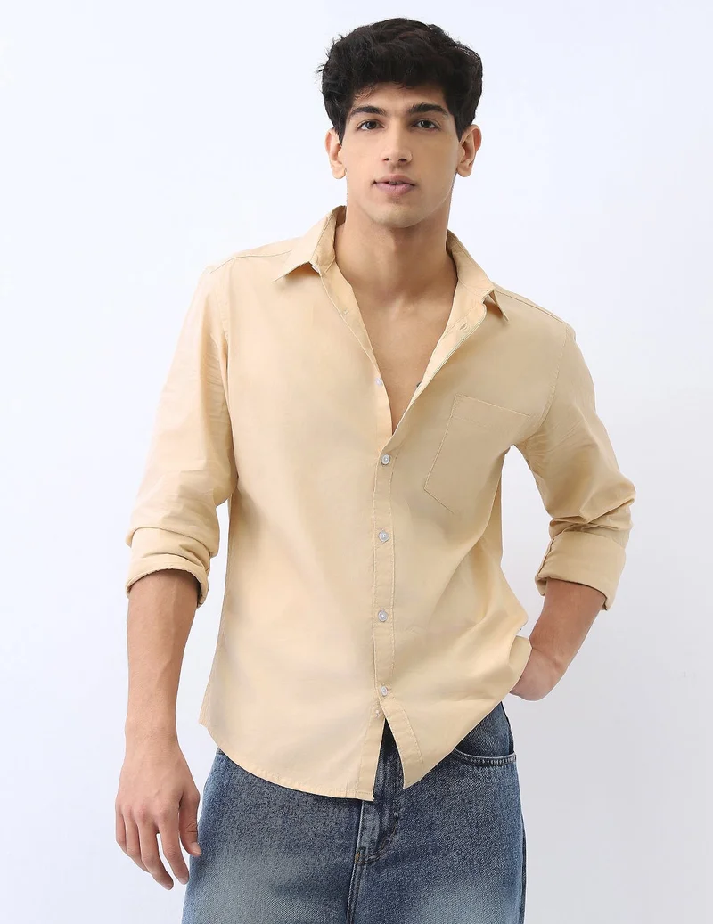 Urbano Fashion  Urbano Fashion Men's Beige Cotton Full Sleeve Regular Fit Casual Solid Shirt  | Best Price UAE