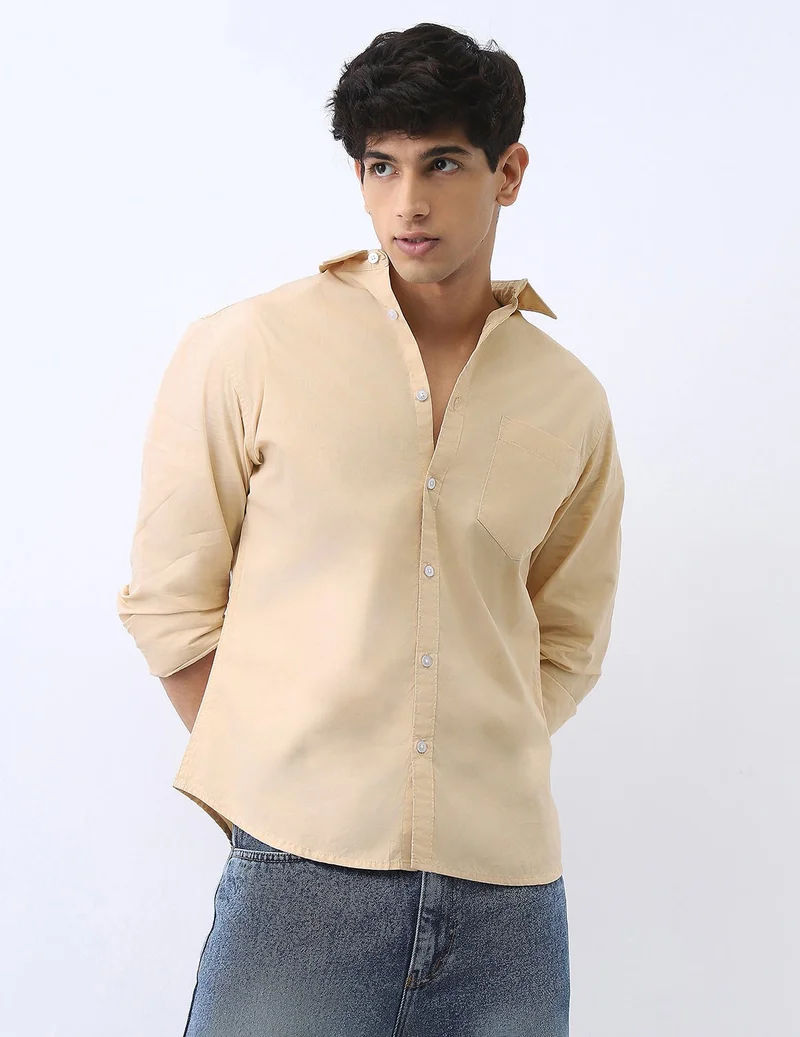 Urbano Fashion Men's Beige Cotton Full Sleeve Regular Fit Casual Solid Shirt