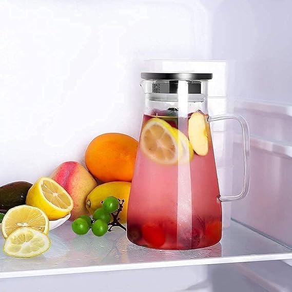 Glass Water Carafe with Lid (1800 ml) Stainless Steel Silicone Flip-top Lid, Coaster and Brush  - Image 1