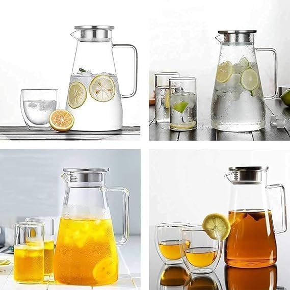 Glass Water Carafe with Lid (1800 ml) Stainless Steel Silicone Flip-top Lid, Coaster and Brush  - Image 4