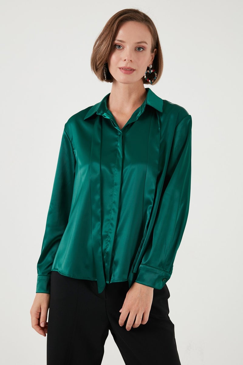 Lela قميص ساتان بتفاصيل ربطة عادية للنساء 611GO00159  - Image 3