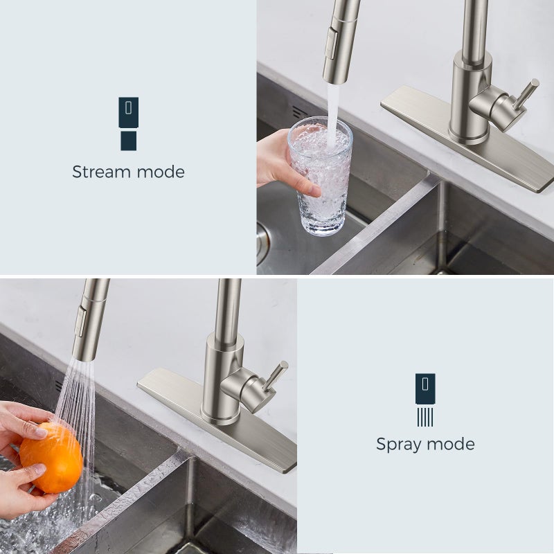 FORIOUS Kitchen Faucet with Pull Down Sprayer, Brushed Nickel High Arc Modern Classic Sink Faucet Stainless Steel with Deck Plate Fit for 1 or 3 Hole for Pot Filler Bar Farmhouse Laundry Rv - Image 4
