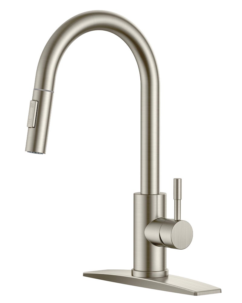 FORIOUS Kitchen Faucet with Pull Down Sprayer, Brushed Nickel High Arc Modern Classic Sink Faucet Stainless Steel with Deck Plate Fit for 1 or 3 Hole for Pot Filler Bar Farmhouse Laundry Rv - Image 1