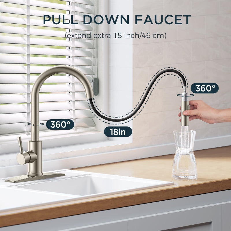 FORIOUS Kitchen Faucet with Pull Down Sprayer, Brushed Nickel High Arc Modern Classic Sink Faucet Stainless Steel with Deck Plate Fit for 1 or 3 Hole for Pot Filler Bar Farmhouse Laundry Rv - Image 3
