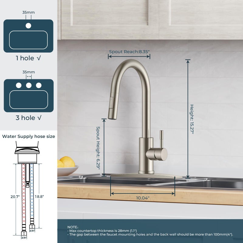 FORIOUS Kitchen Faucet with Pull Down Sprayer, Brushed Nickel High Arc Modern Classic Sink Faucet Stainless Steel with Deck Plate Fit for 1 or 3 Hole for Pot Filler Bar Farmhouse Laundry Rv - Image 2