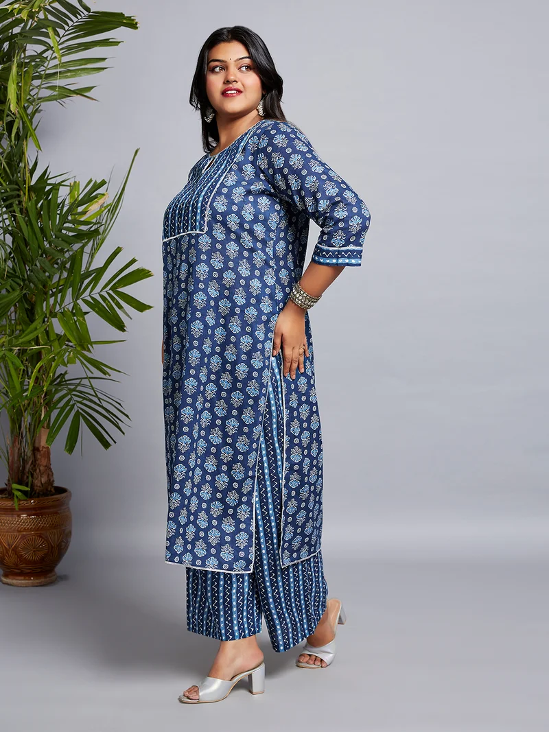 globus Gloplus Women Keyhole Neck Floral Print Gotta Lace Straight Plus Size Kurta & Pants Set