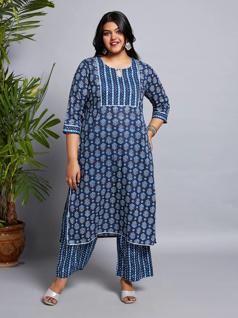 globus Gloplus Women Keyhole Neck Floral Print Gotta Lace Straight Plus Size Kurta & Pants Set