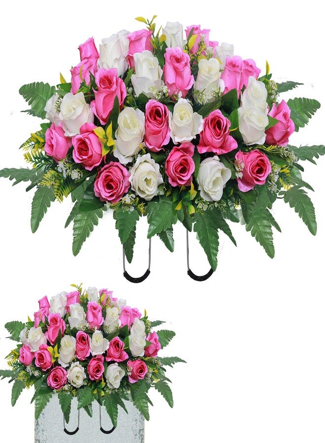 Lodou Artificial Cemetery Flower Saddles, Rose Headstone Flower Saddle Outdoor Grave Decorations,Cemetery Memorial Flowers with Vase for Grave Tombstone Decorations (Pink and White, Saddle) - Image 1