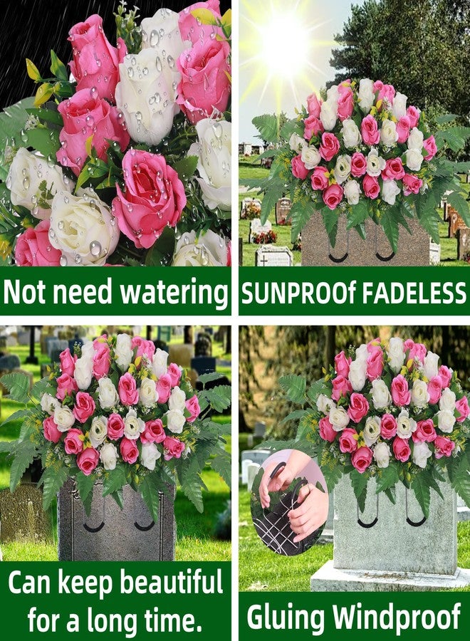 Lodou Artificial Cemetery Flower Saddles, Rose Headstone Flower Saddle Outdoor Grave Decorations,Cemetery Memorial Flowers with Vase for Grave Tombstone Decorations (Pink and White, Saddle) - Image 3