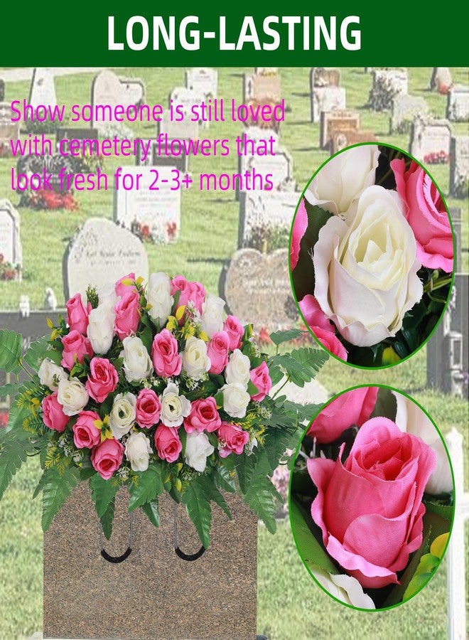 Lodou Artificial Cemetery Flower Saddles, Rose Headstone Flower Saddle Outdoor Grave Decorations,Cemetery Memorial Flowers with Vase for Grave Tombstone Decorations (Pink and White, Saddle) - Image 2