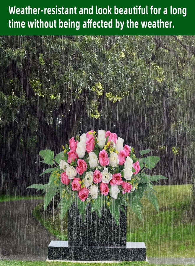 Lodou Artificial Cemetery Flower Saddles, Rose Headstone Flower Saddle Outdoor Grave Decorations,Cemetery Memorial Flowers with Vase for Grave Tombstone Decorations (Pink and White, Saddle) - Image 5