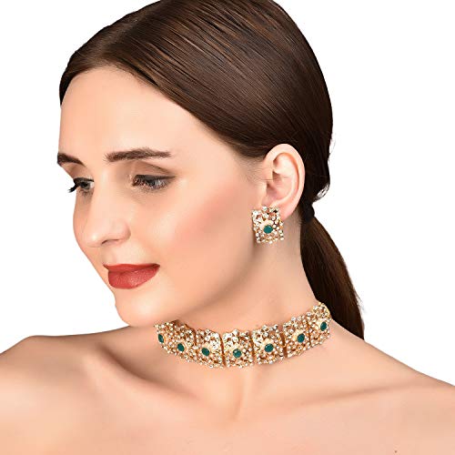 TouchstoneMughal Jali collection Indian Bollywood Great Mughal Era Inspired Choker Embellished With Faux Emerald Pearls And Rhinestone Bridal Designer Jewelry Necklace Set In For Women In Go - Image 3