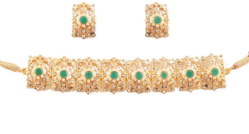 TouchstoneMughal Jali collection Indian Bollywood Great Mughal Era Inspired Choker Embellished With Faux Emerald Pearls And Rhinestone Bridal Designer Jewelry Necklace Set In For Women In Go - Image 2