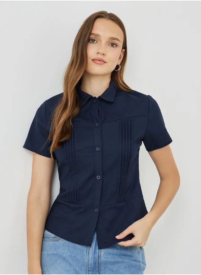 Take Two Take Two Solid Pleated Short Sleeve Slim Fit Shirt