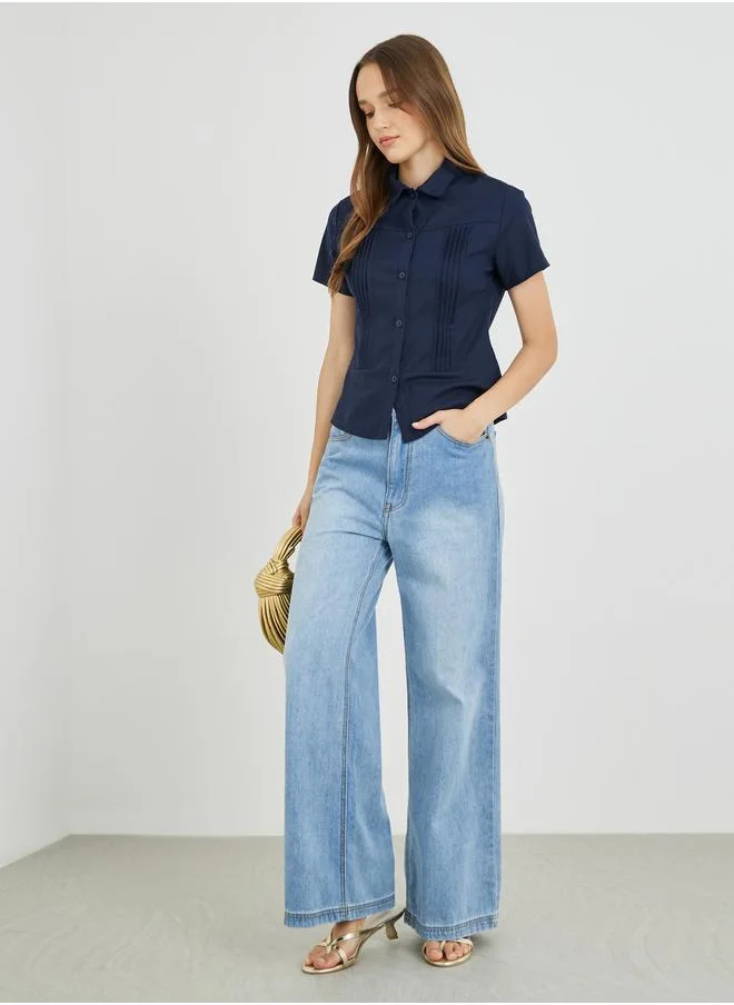 Take Two Take Two Solid Pleated Short Sleeve Slim Fit Shirt