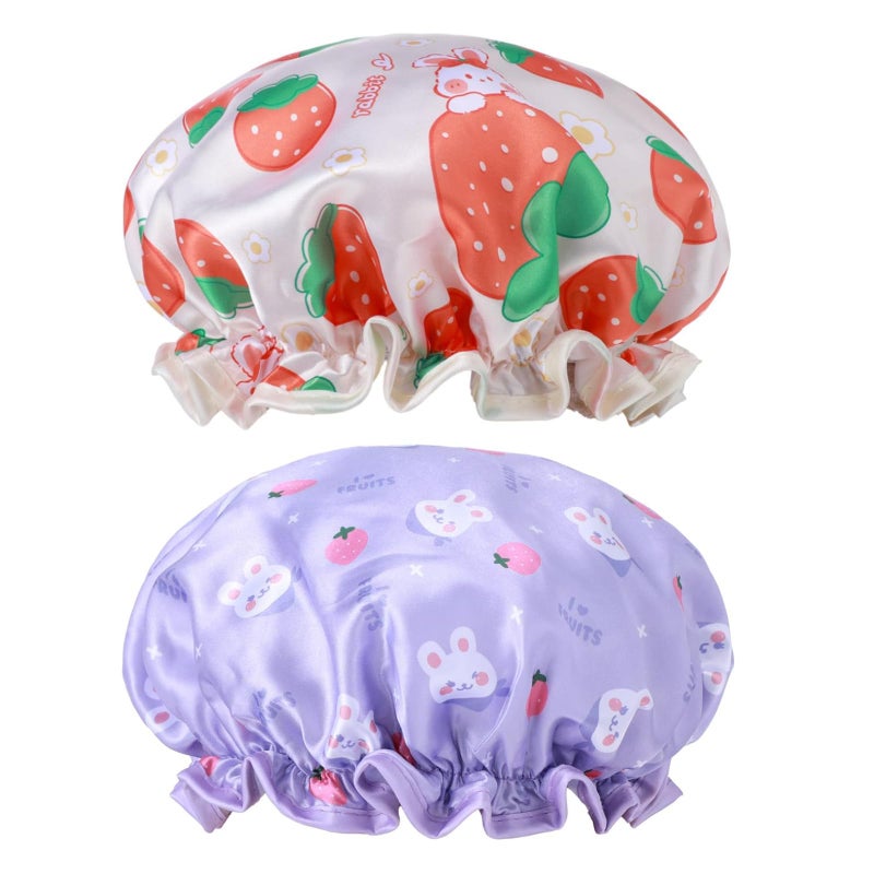 Bohuiz Kids Shower Caps  2 Pcs Waterproof Double Layers Shower Caps Cute Rabbit Bonnets Elastic Band Bonnet Satin And Eva Soft Kids Sleeping Cap Reusable Shower Cap For Kid(Purple + Yellow) - Image 1