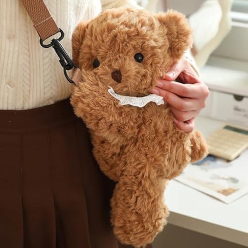 Cute Plush Mini Bear Crossbody Bag Brown Fluffy Bear Party Bag with Adjustable Strap Phone Cosmetic Multi-Way Carrying - Image 4