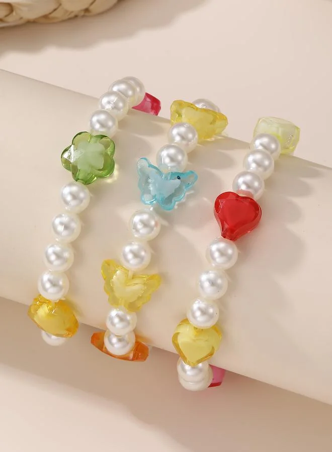 Pack of 3 - Multi-Color Pearl and Charm Beaded Bracelests