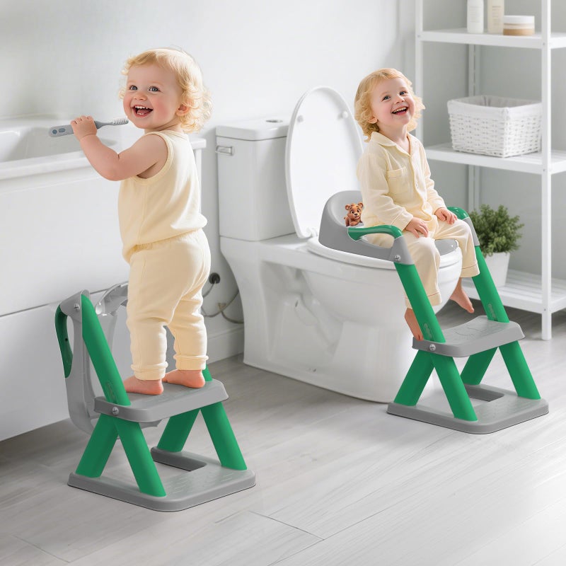 SKYROKU SKYROKU 8868 Potty Training Seat with Step Stool Adjustable Height NonSlip SplashProof Foldable 2in1 Toddler Potty Seat with Armrests and Replaceable Cushion Fits Most Toilets GrayGreen 