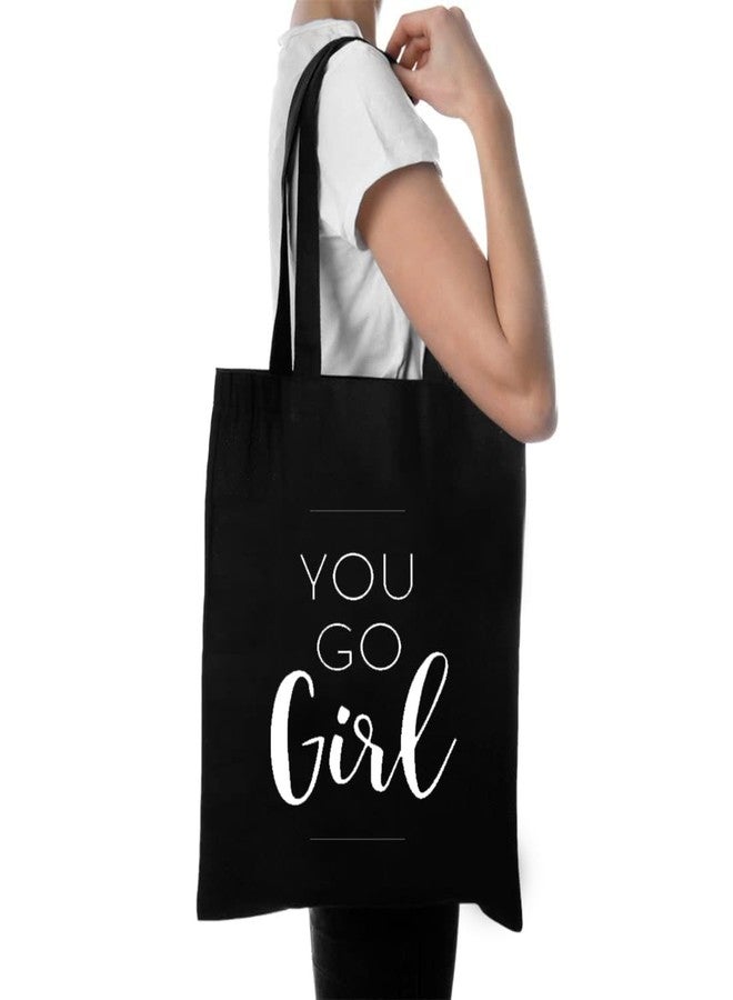 Clapcart Black Canvas Tote Bag for Women | Printed Multipurpose Cotton Zipper Bags | Cute Hand Bag for Girls (You Go Girl Print) - Image 2
