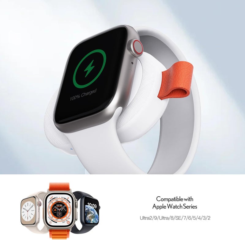 بزوز شاحن المحمول لساعة Apple، بنك طاقة لاسلكي بسعة 1200 مللي أمبير متوافق مع جميع ساعات Apple، شاحن سفر صغير مع مدخل USB-C و Lightning، حزمة بطارية بسلسلة مفاتيح، أبيض - Image 3