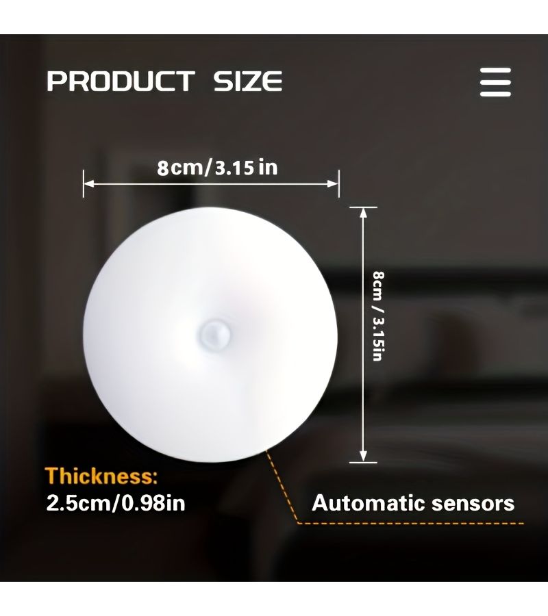 مجموعة من 8 مصابيح LED دافئة مزودة بحساس حركة دائري، قابلة للشحن عبر USB وبطارية مدمجة، للمكتب، الخزانة، الممر، الدرج، وغرفة السكن. - Image 3
