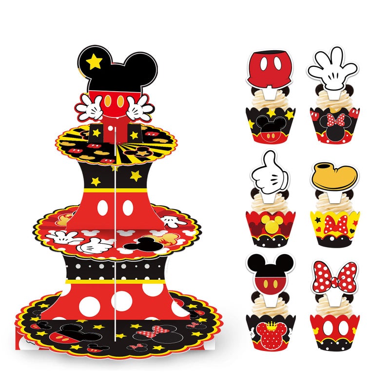 EBWHOLE Cute Mouse Cupcake Stand, Large 3-Tier Cartoon Cupcake Holder for Birthday Party Decorations (Red) - Image 1