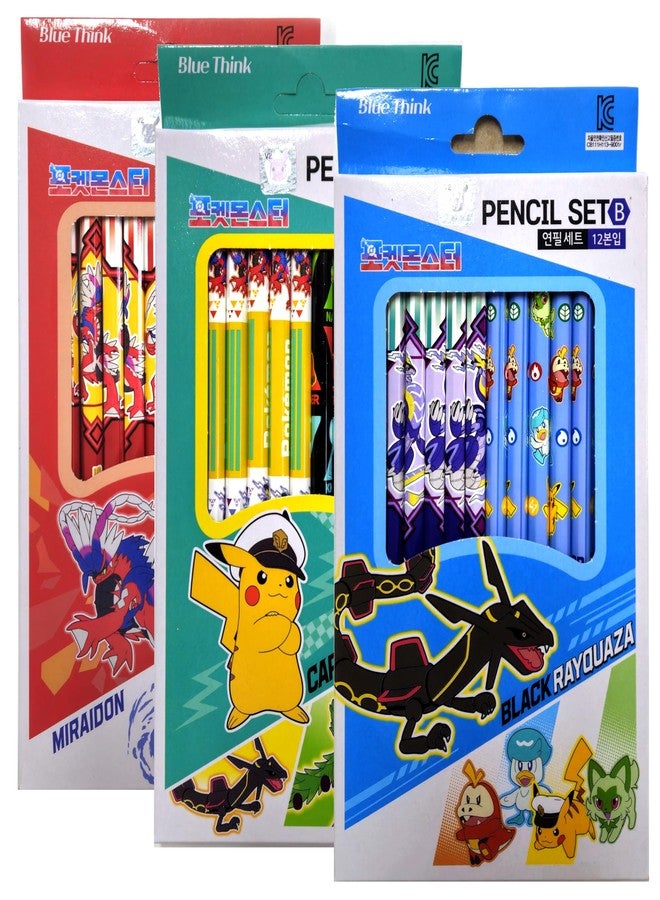 LENITH Pack of 12 - Cute Character Pikachu Monsters Pencil B Lead Wooden Pencil 3 Colors / 1 Type Randomly Send - Image 1
