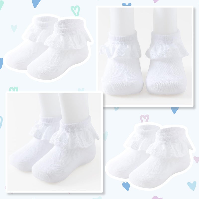 Mini Angel Baby Girls Socks Eyelet Ruffle Lace Frilly Dress Socks for Newborn Infant 3 Pairs (White,Ivory,Pink, 0-6 Months) - Image 2