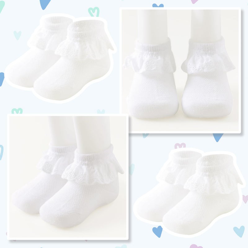 Mini Angel Baby Girls Socks Eyelet Ruffle Lace Frilly Dress Socks for Newborn Infant 3 Pairs (White,Ivory,Pink, 0-6 Months) - Image 4