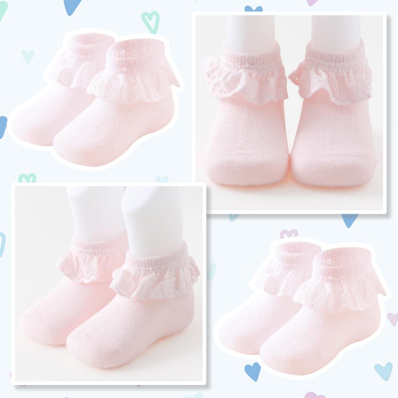Mini Angel Baby Girls Socks Eyelet Ruffle Lace Frilly Dress Socks for Newborn Infant 3 Pairs (White,Ivory,Pink, 0-6 Months) - Image 3