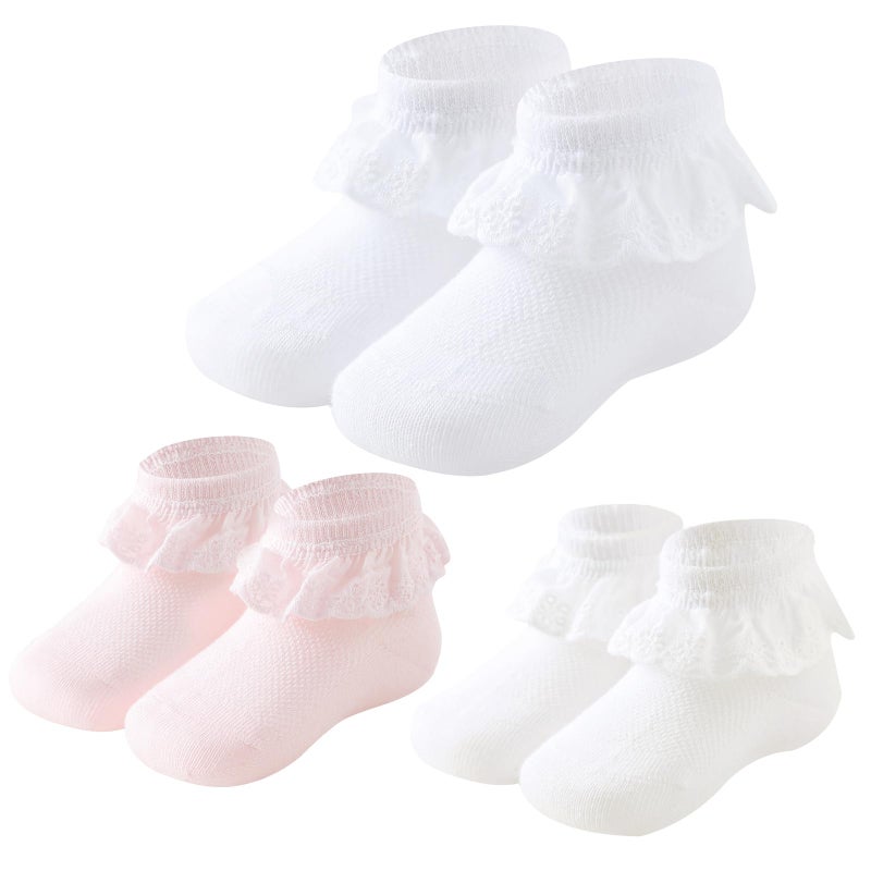 Mini Angel Baby Girls Socks Eyelet Ruffle Lace Frilly Dress Socks for Newborn Infant 3 Pairs (White,Ivory,Pink, 0-6 Months) - Image 1