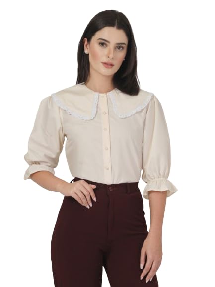 Style Quotient Women Beige Shirt with Peter Pan Collar - Image 1