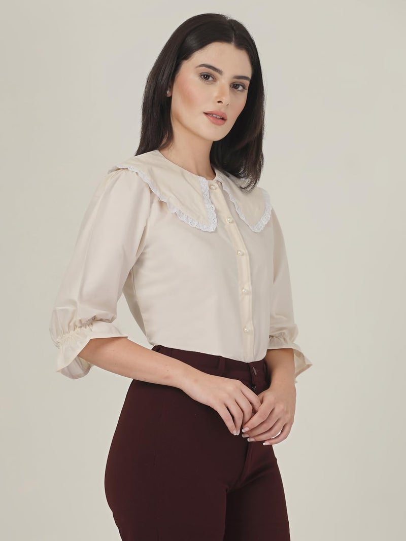 Style Quotient Women Beige Shirt with Peter Pan Collar - Image 3