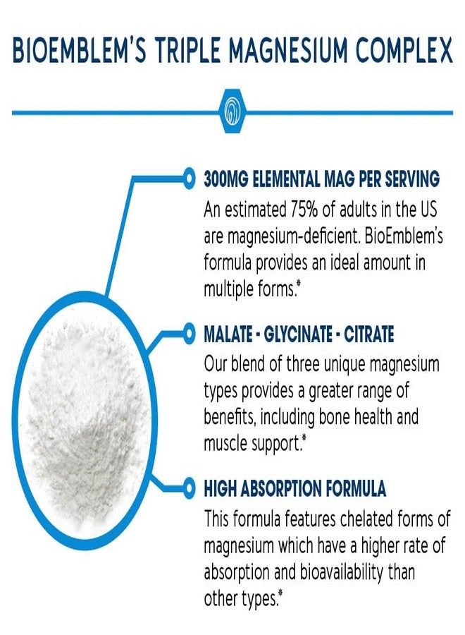 BioEmblem Triple Magnesium Complex | 300mg of Magnesium Glycinate, Malate, & Citrate for Muscles, Nerves, & Energy | High Absorption | Vegan, Non-GMO (180 Capsules) - Image 4