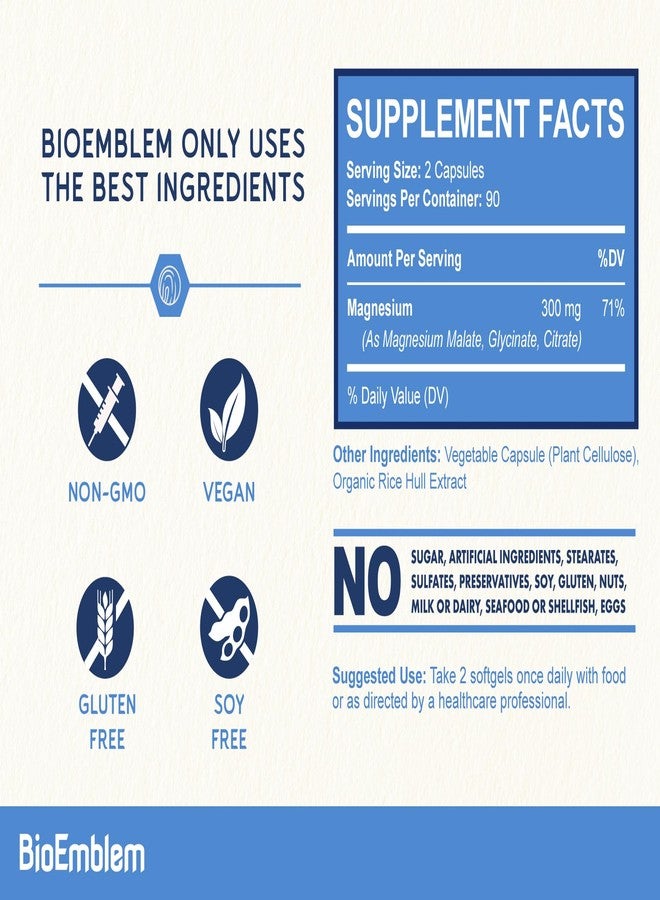 BioEmblem Triple Magnesium Complex | 300mg of Magnesium Glycinate, Malate, & Citrate for Muscles, Nerves, & Energy | High Absorption | Vegan, Non-GMO (180 Capsules) - Image 2