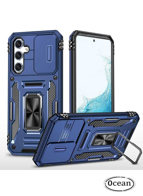 Samsung Galaxy A14 5G Case Blue, 360 ° Rotating Finger Ring Hardware Bracket, Trendy Sliding Window Design, Support for Car Magnetic Suction,  Heavy Duty Shockproof Protective Case for Galaxy A14 5G