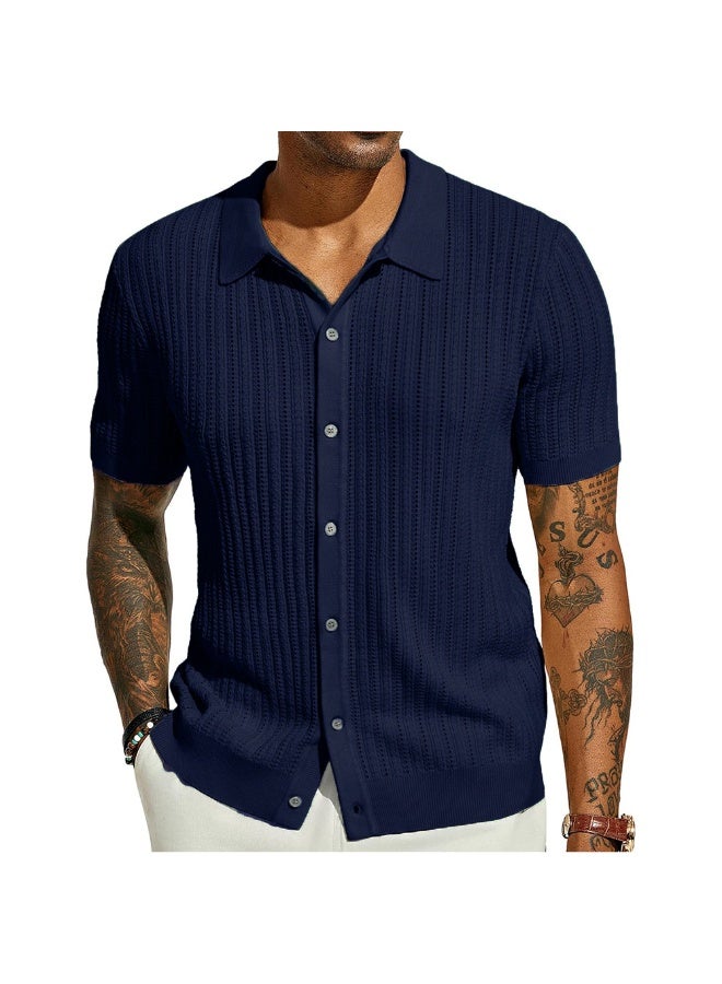 NIBEMINENT Summer Short Sleeve Men's Polo Shirts Fashion Solid Striped Loose Cardigan Turn Down Collar Shirt Male Casual Knitted Polos Top - Image 1