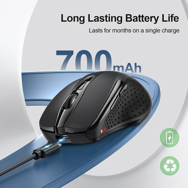 TECKNET Wireless Mouse (BT5.0/3.0 & 2.4G) Rechargeable 4800 DPI Silent USB A & Bluetooth Mouse 6 Buttons, Wide Compatibility - Black - Image 4