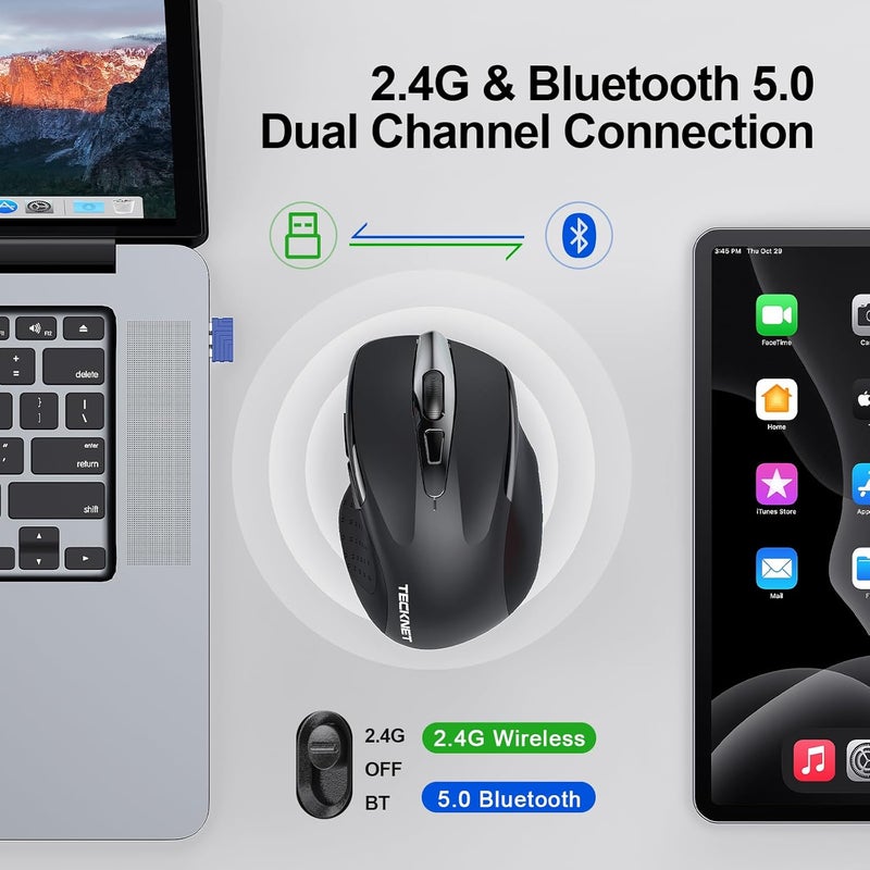 TECKNET Wireless Mouse (BT5.0/3.0 & 2.4G) Rechargeable 4800 DPI Silent USB A & Bluetooth Mouse 6 Buttons, Wide Compatibility - Black - Image 5