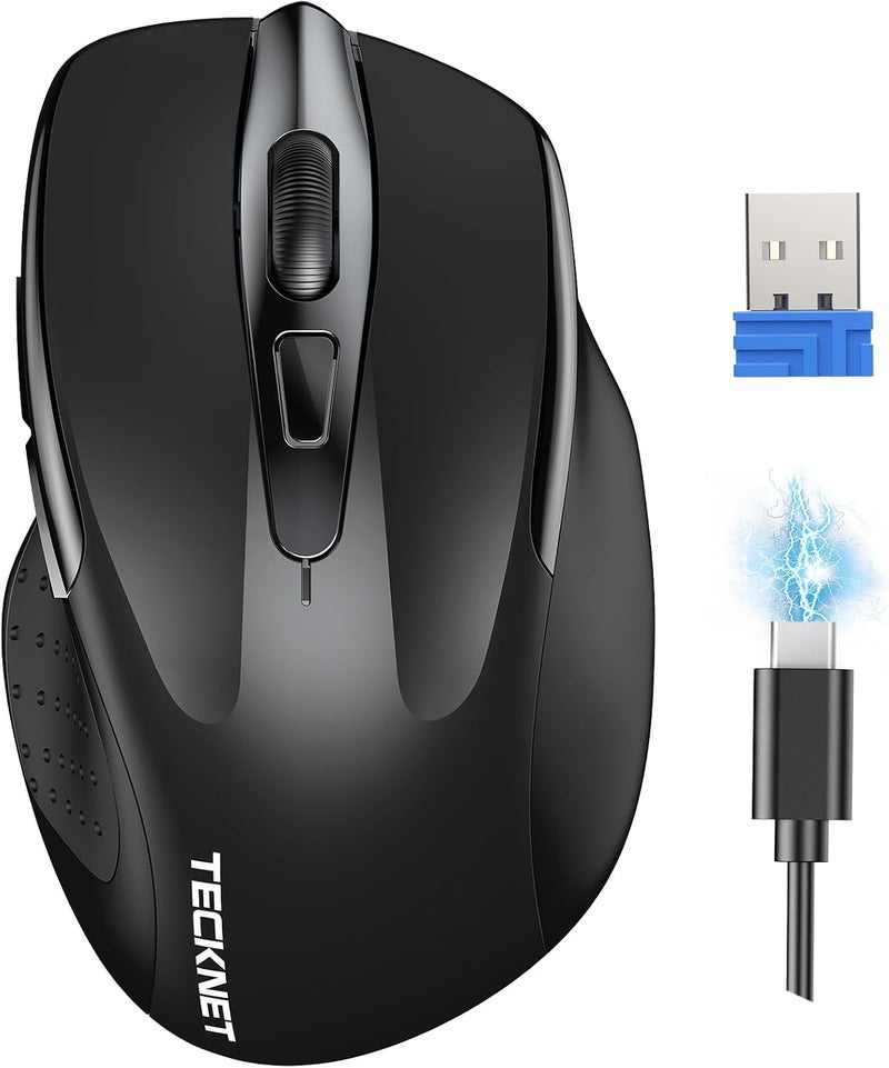 TECKNET Wireless Mouse (BT5.0/3.0 & 2.4G) Rechargeable 4800 DPI Silent USB A & Bluetooth Mouse 6 Buttons, Wide Compatibility - Black - Image 1
