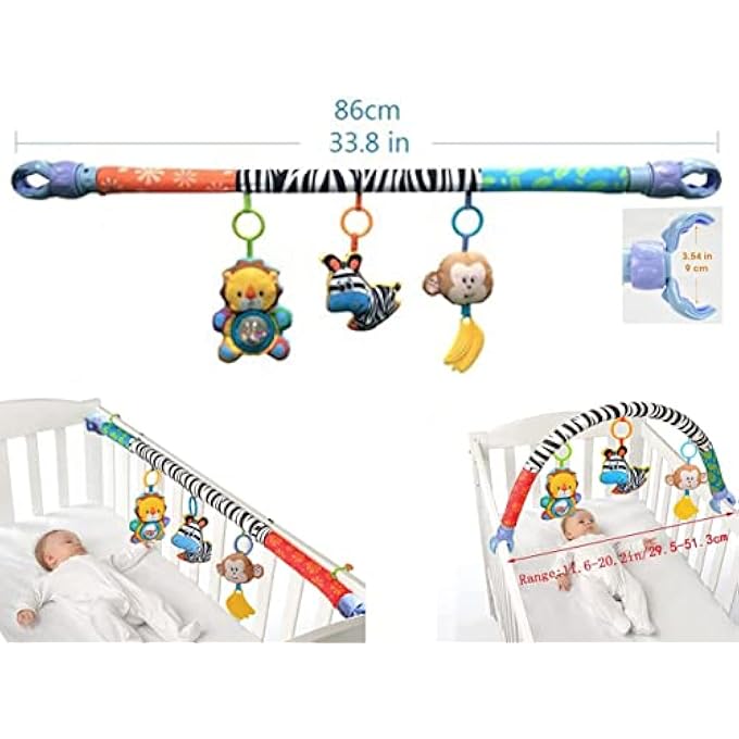 BABY STROLLER TOY BAR| SENSORY HANGING TOYS FOR BABY BOUNCER & STROLLER ARCH| 3PCS SOFT CLOTH ANIMAL ARCH WITH RATTLE, MUSIC BOX & BIBI| INFANT TRAVEL PLAY FOR MOTOR DEVELOPMENT (L70CM,H24CM) - Image 3